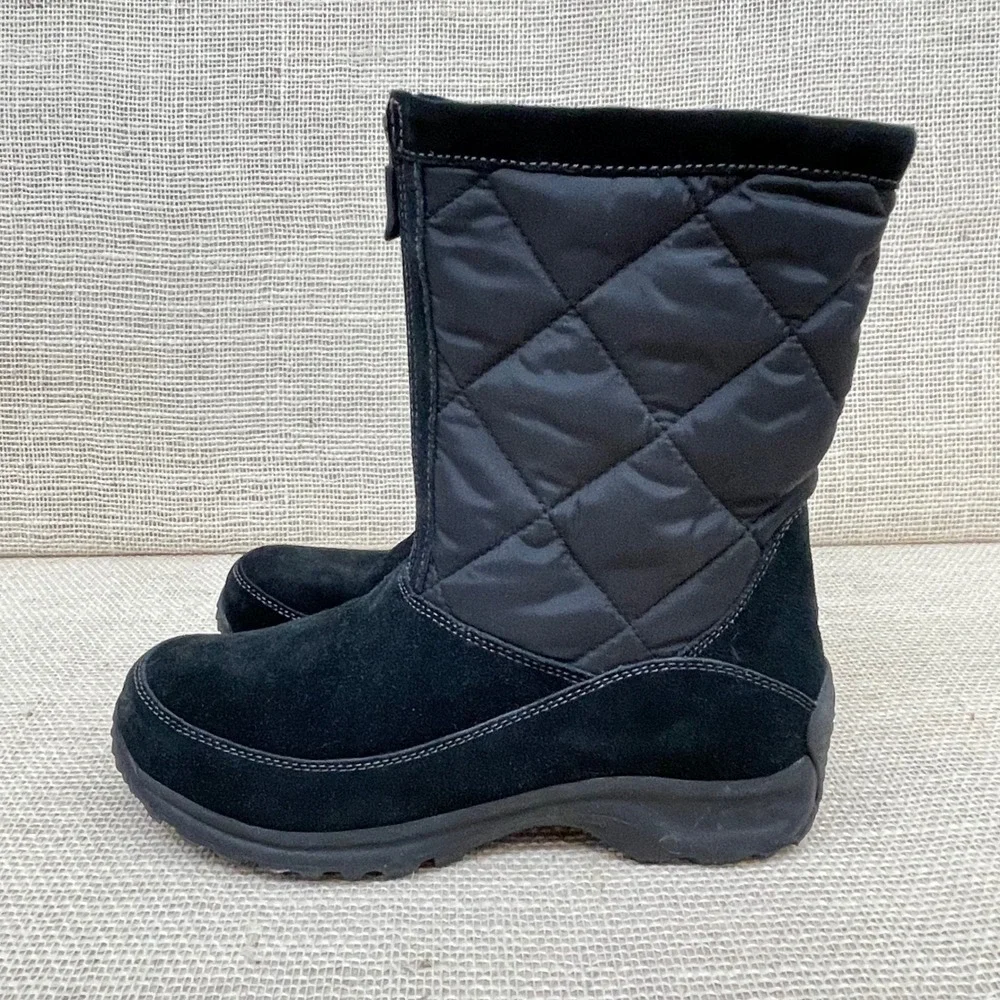 Lands' End Womens Black Suede Quilted Front Zip Winter Snow Boots‎ 7B 176848